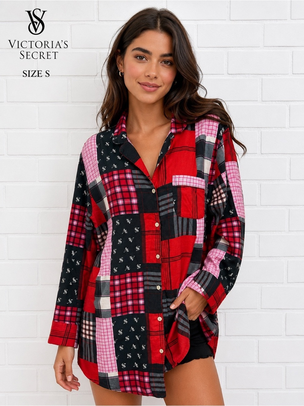 Victoria’s Secret Patchwork Plaid Button Down Sleep Shirt Pajama Top Size S